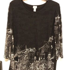 Chico’s East Wear Black and White Graphic Lace Print Top